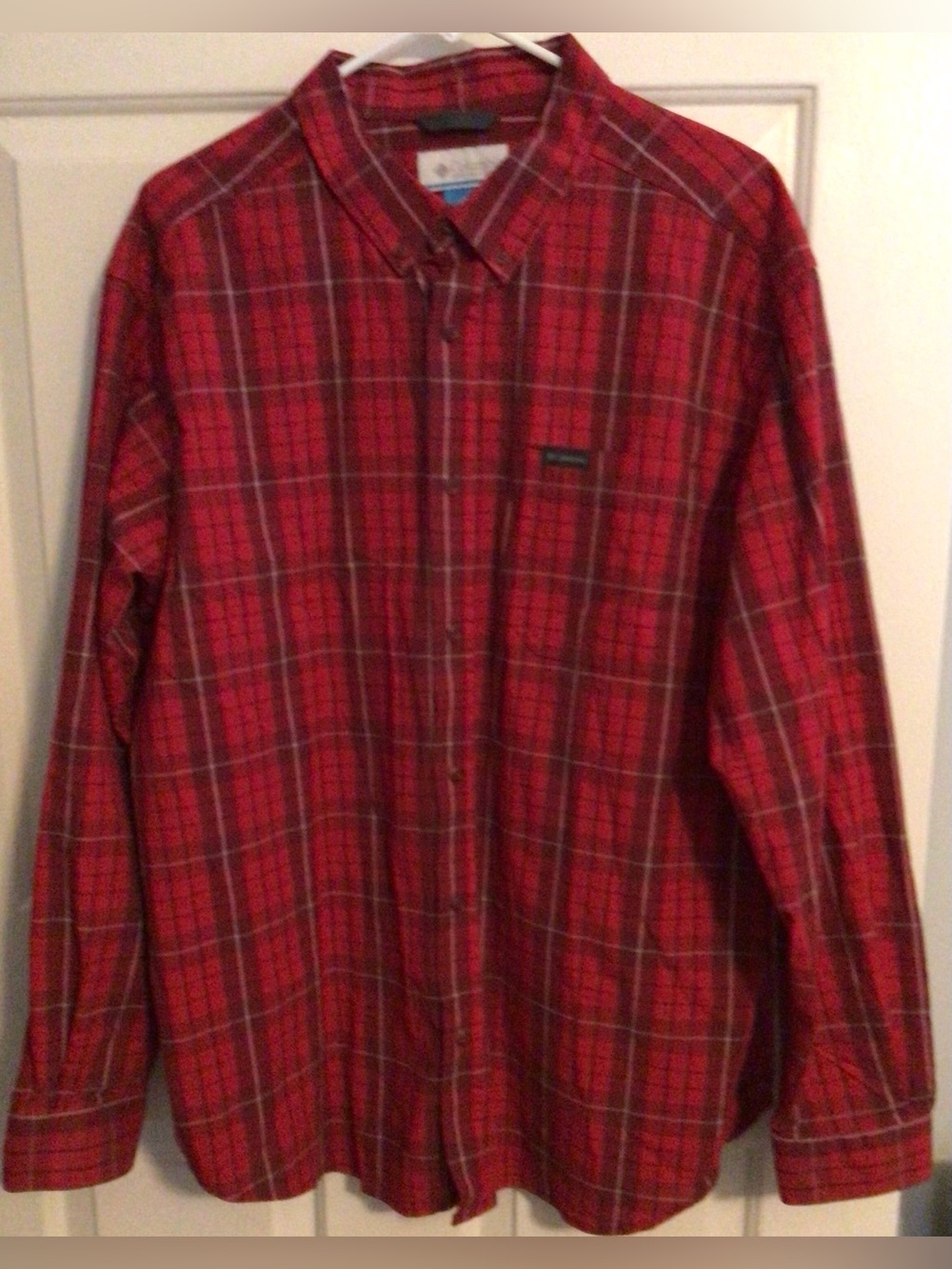 COLUMBIA Men’s XL Shirt Dark Berry Red Plaid Pocket Long Sleeve Cotton Elastane